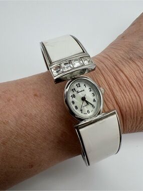 VINTAGE Geneva Hidden Watch • White Enamel Rhinestone Bangle Bracelet. Working